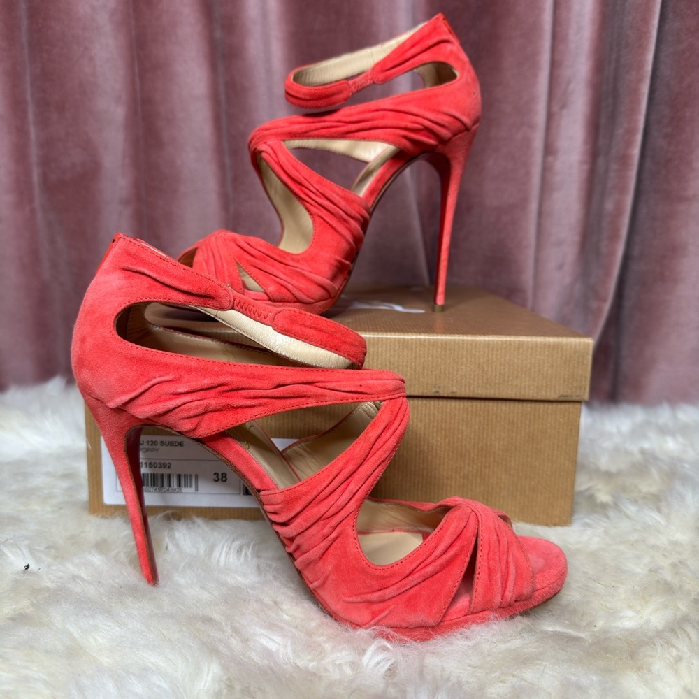 Christian Louboutin Kasia Strappy Coral Salmon Suede Leather Sandal Heels 38 - Picture 3 of 9